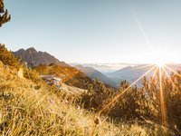 Deine Ferienwohnung in Neustift ✓ Sonnenaufgang über Bergwiese mit Bergen und Bäumen im Hintergrund